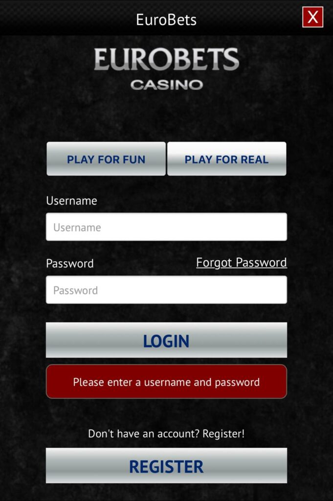 Eurobets casino Login page